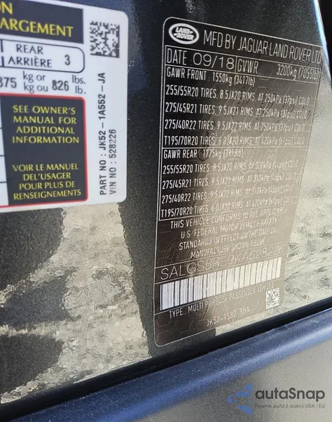 2019 Land Rover Range Rover Supercharged z USA, uszkodzony, nr VIN SALGS5RE9KA528226